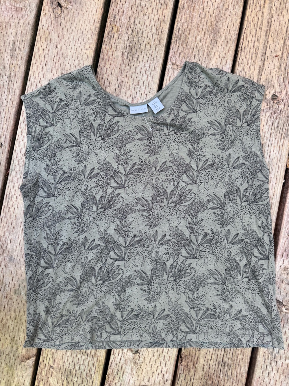 Tabitha Webb Olive Green Short Sleeve Tee with Black Botanical & Animal Print